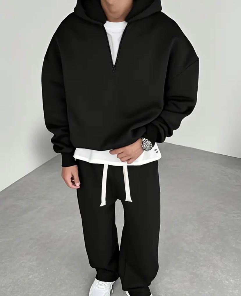 Completo felpa con zip e pantaloni da uomo, outfit termico casual comodo con versibilità regolare, tinta unita con 3 colori a scelta