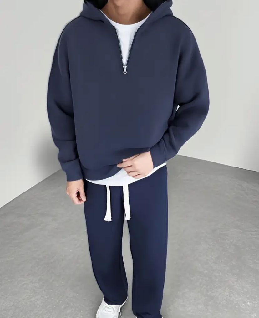 Completo felpa con zip e pantaloni da uomo, outfit termico casual comodo con versibilità regolare, tinta unita con 3 colori a scelta