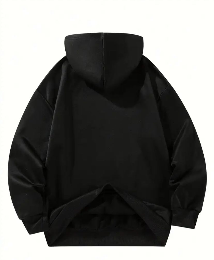 Felpa nera con cappuccio e stampa. casual, vestibilità ampia, comoda