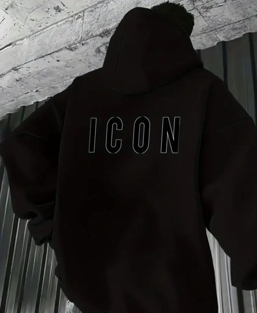 Felpa con cappuccio con stampa "ICON" - Pullover casual comodo per autunno e inverno, vestibilità regolare, maniche lunghe, misto poliestere, lavabile in lavatrice