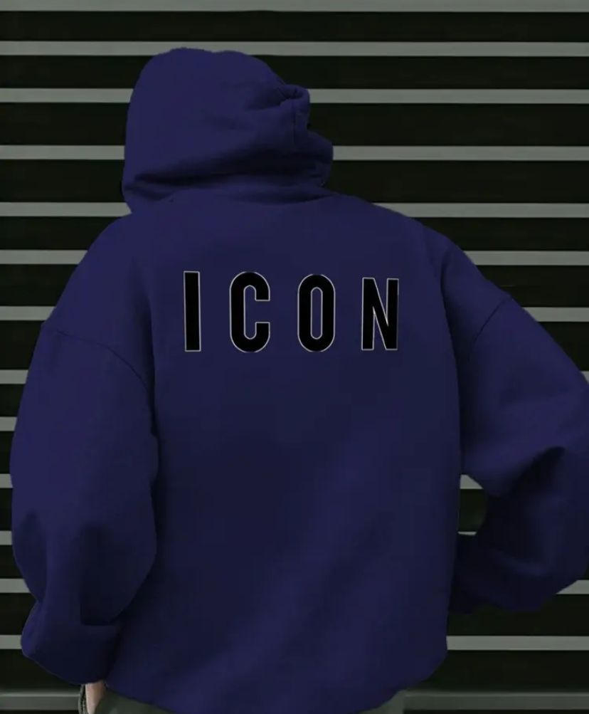 Felpa con cappuccio con stampa "ICON" - Pullover casual comodo per autunno e inverno, vestibilità regolare, maniche lunghe, misto poliestere, lavabile in lavatrice