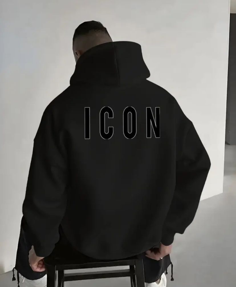 Felpa con cappuccio con stampa "ICON" - Pullover casual comodo per autunno e inverno, vestibilità regolare, maniche lunghe, misto poliestere, lavabile in lavatrice