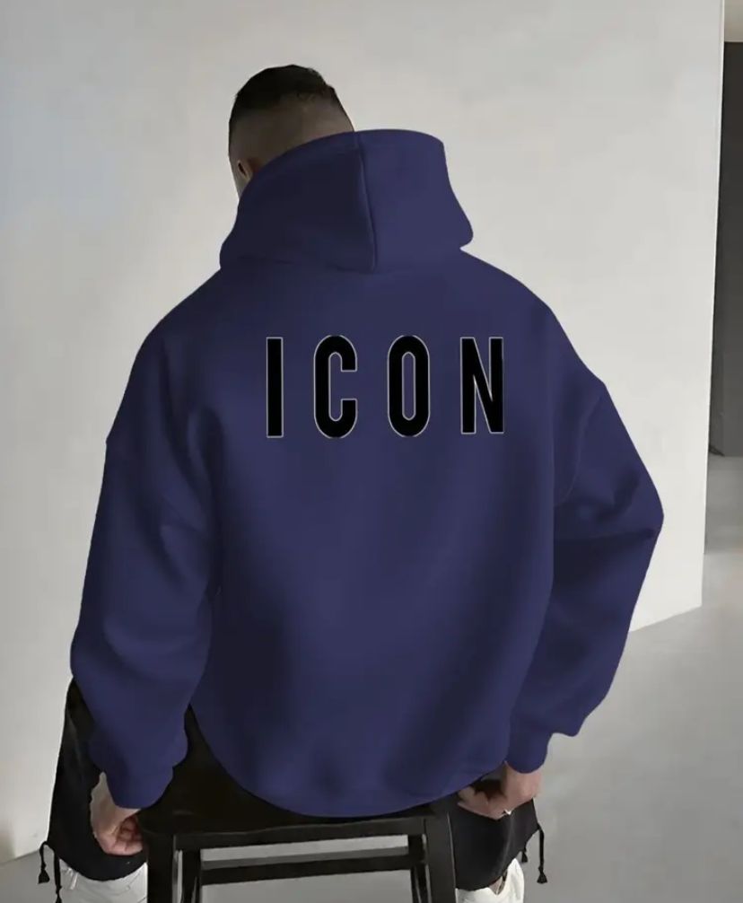 Felpa con cappuccio con stampa "ICON" - Pullover casual comodo per autunno e inverno, vestibilità regolare, maniche lunghe, misto poliestere, lavabile in lavatrice