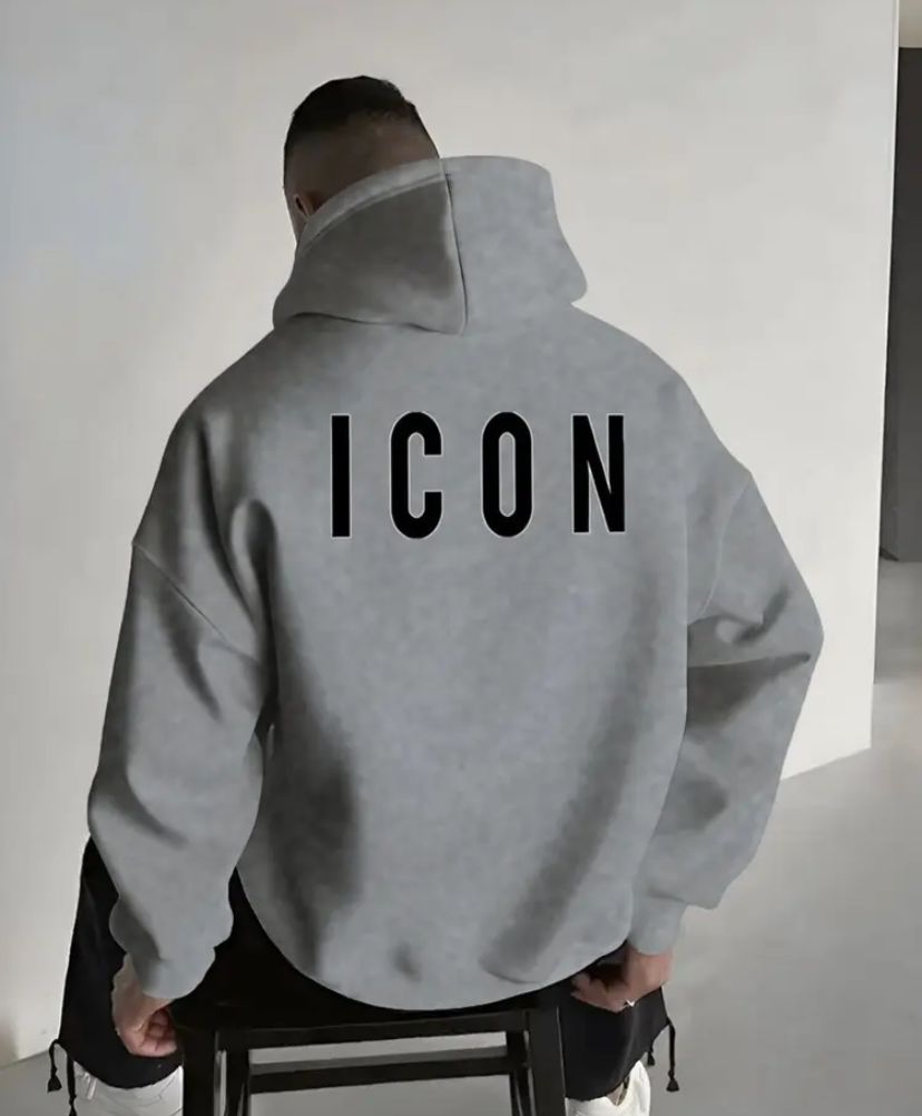 Felpa con cappuccio con stampa "ICON" - Pullover casual comodo per autunno e inverno, vestibilità regolare, maniche lunghe, misto poliestere, lavabile in lavatrice