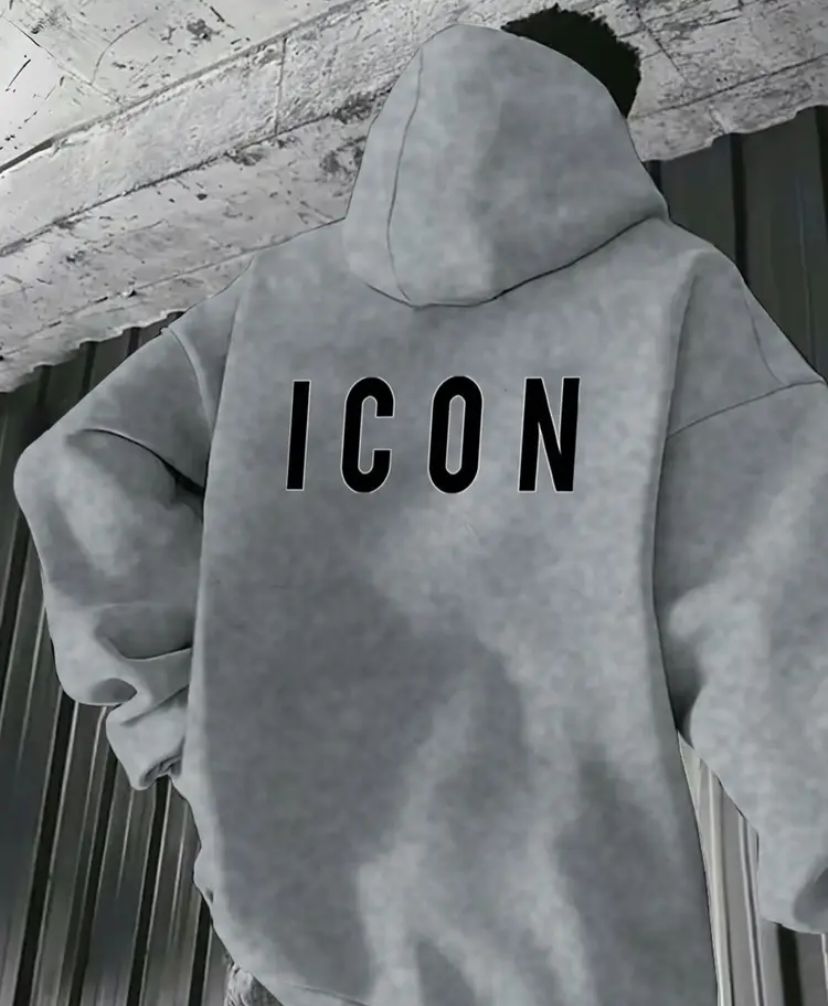 Felpa con cappuccio con stampa "ICON" - Pullover casual comodo per autunno e inverno, vestibilità regolare, maniche lunghe, misto poliestere, lavabile in lavatrice
